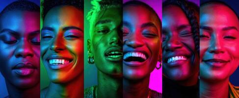 The joyful faces capturing diverse emotions in vibrant colors and lighting. photo