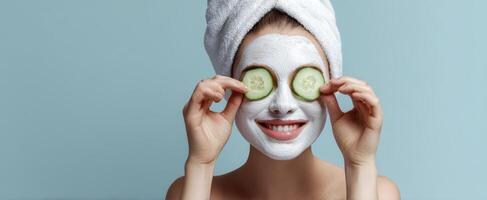 The joyful woman enjoying a spa day with a cucumber facial mask. photo
