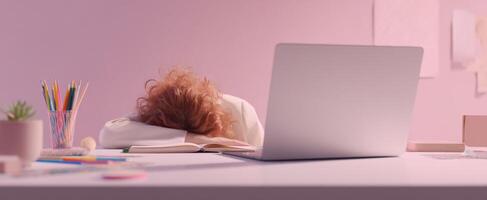 The exhausted student struggling to concentrate at her workspace. photo