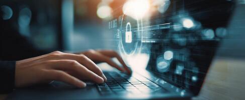 The laptop with security features showcasing digital data protection and cybersecurity. photo