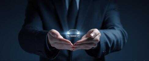 The digital representation of a sleek car held in professional hands. photo