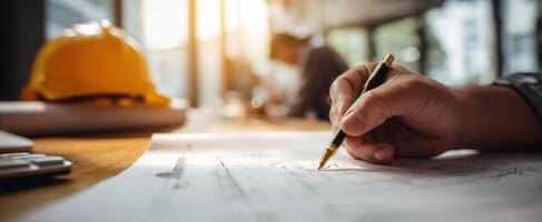 The hand of an architect drafting plans in a well-lit workspace photo