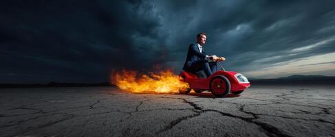 The fiery adventure of a businessman racing on a toy car. photo