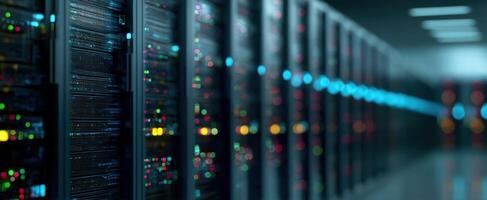 The modern server room with vibrant lights and advanced technology infrastructure. photo