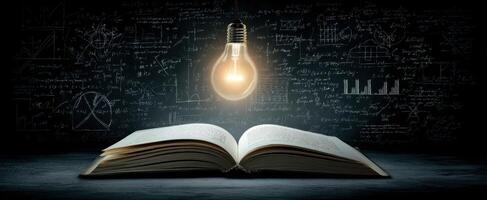 The open book illuminated by a glowing light bulb and mathematical equations. photo