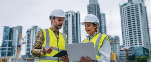 The engineers collaborating on a construction project in an urban setting. photo