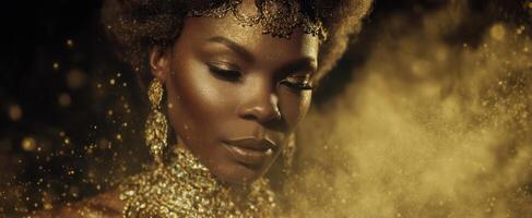 The stunning portrait of a woman adorned in golden elegance and shimmering beauty. photo