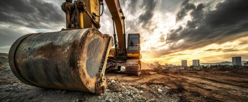 The excavator works diligently at sunset on an urban construction site. photo
