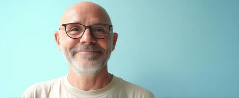 The cheerful senior man wearing glasses against a soft blue background. photo
