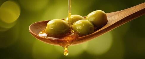 The Olive Oil Dripping from a Wooden Spoon with Fresh Green Olives photo