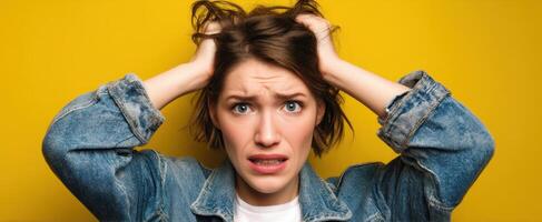The woman expressing frustration and anxiety against a vibrant yellow background photo