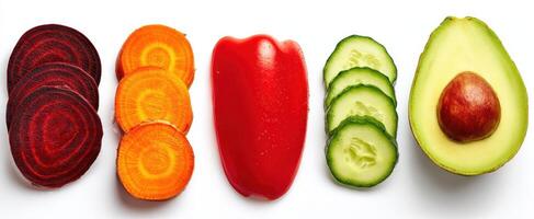The vibrant assortment of fresh vegetables on a white background. photo