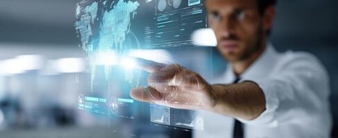 The businessman interacting with a futuristic digital interface on a touchscreen. photo