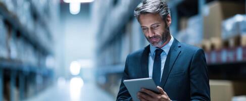 The businessman using a tablet in a modern warehouse setting. photo