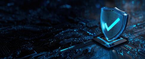 The digital security shield representing protection and verification in technology. photo