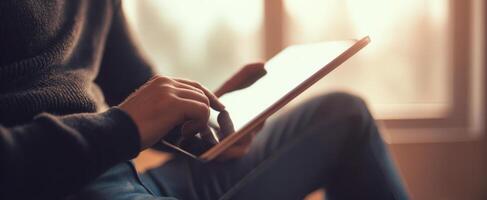The Person Enjoying Digital Content on a Tablet in a Cozy Room. photo