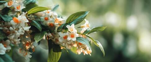 The delicate bloom of white flowers with vibrant green leaves in nature. photo