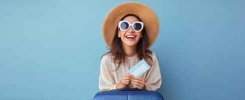 The cheerful woman ready for her exciting travel adventure with suitcase and ticket. photo