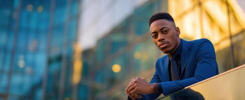 The confident young man in a business suit against an urban backdrop. photo