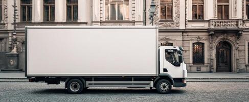 The parked delivery truck beside a historical building on a city street photo