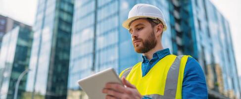 The construction engineer analyzing data on a tablet near modern buildings. photo