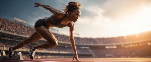 The runner launching from the starting blocks in a dynamic athletic competition photo