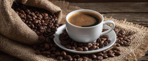 The cup of freshly brewed coffee surrounded by roasted coffee beans. photo