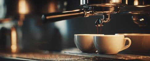 The espresso brewing process creating rich coffee in stylish cups. photo