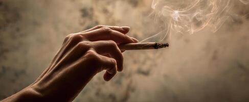 The hand elegantly holding a cigarette with wisps of smoke rising gently. photo