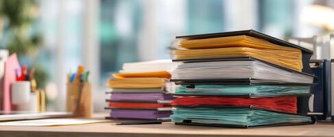 The vibrant stack of organized folders on a modern office desk. photo