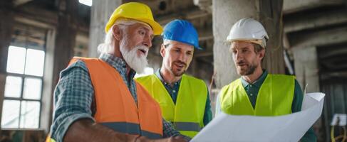 The construction team reviews blueprints on a job site for successful project execution. photo
