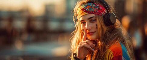 The vibrant young woman enjoying music with a colorful headband outdoors. photo