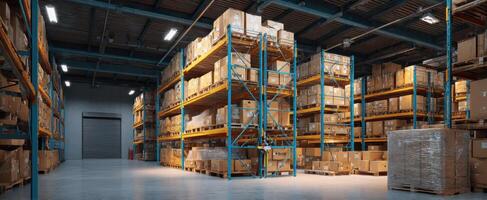 The warehouse filled with organized shelves and stacked boxes in a spacious environment photo