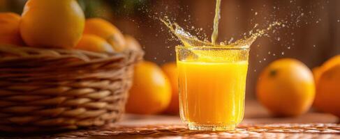 The refreshing orange juice splash in a glass surrounded by fresh oranges. photo