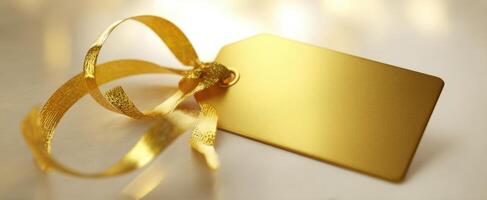 The elegant gold tag with a ribbon for gifts and branding purposes. photo