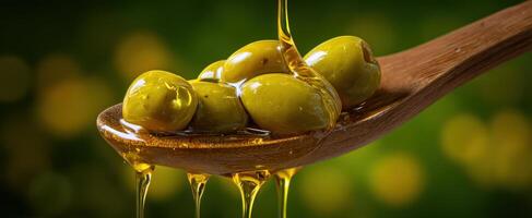 The Golden Olive Oil Drizzling Over Fresh Green Olives in a Wooden Spoon photo