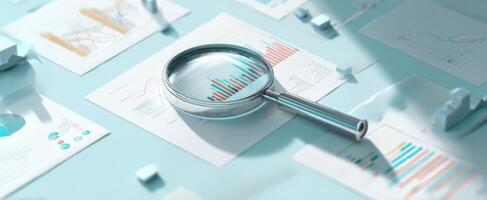 The magnifying glass focusing on financial data charts and documents. photo