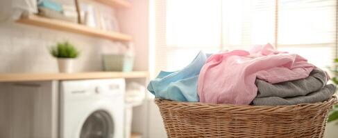 The cozy laundry basket filled with freshly washed clothes at home. photo