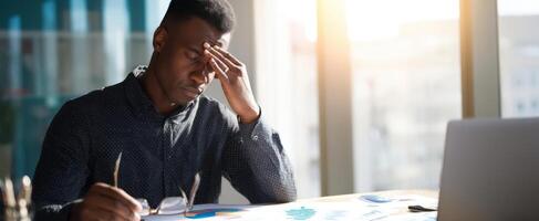 The stressed man analyzing charts and data in a modern office environment. photo