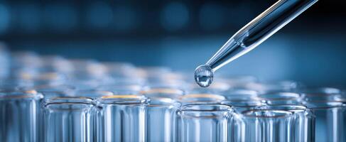 The pipette delivering a precise drop of liquid into test tubes. photo