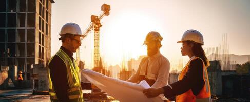 The construction team examines blueprints during sunset on a busy site. photo