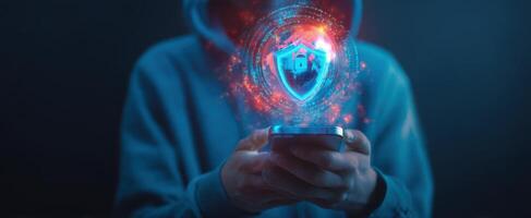 The smartphone showcasing a digital security shield in a dark setting. photo