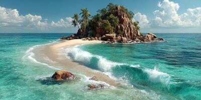 Beautiful island with palm trees and waves in crystal clear water under a blue sky photo