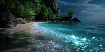 Sparkling water gently meets the sandy shore under a clear sky at a tranquil beach photo