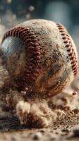 Dust rises as a worn baseball rolls across the dirt during a game for a team practice in the late afternoon sun at the local park photo
