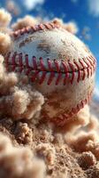 Baseball flying through dust at a baseball field during an afternoon game photo