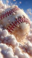 Baseball in mid-air during a thrilling game moment, surrounded by flying dust and excitement in a sunny stadium photo