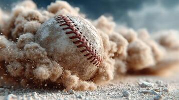 Baseball rolling through clouds of dust on a sandy field during an intense game in bright daylight photo
