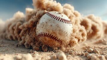 Baseball lands in dusty infield during afternoon play at a local field, capturing the spirit of America's favorite pastime in action photo