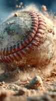 Baseball rolling on sandy ground during intense game at sunny outdoor field in early afternoon light photo